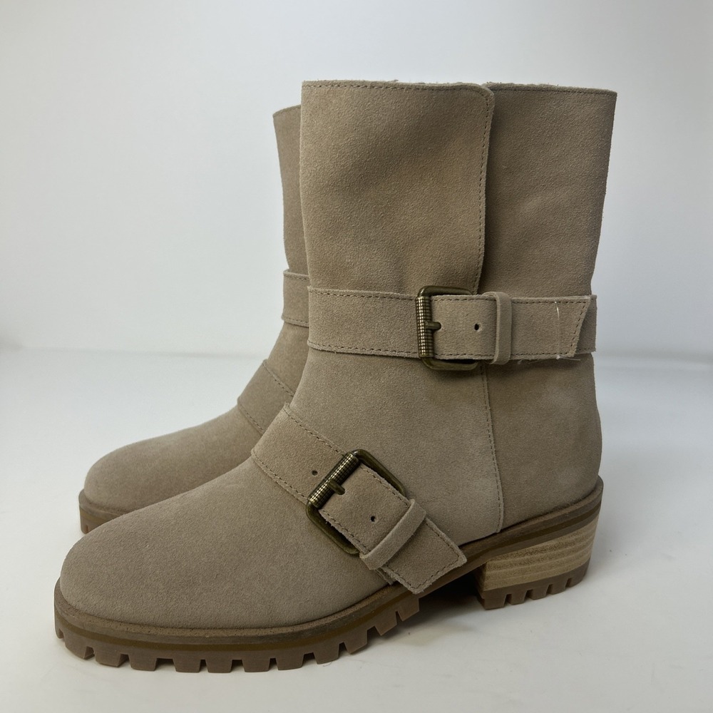 Splendid Karlyn Taupe Suede Ankle Booties Size 5 Double Buckle Moto NIB